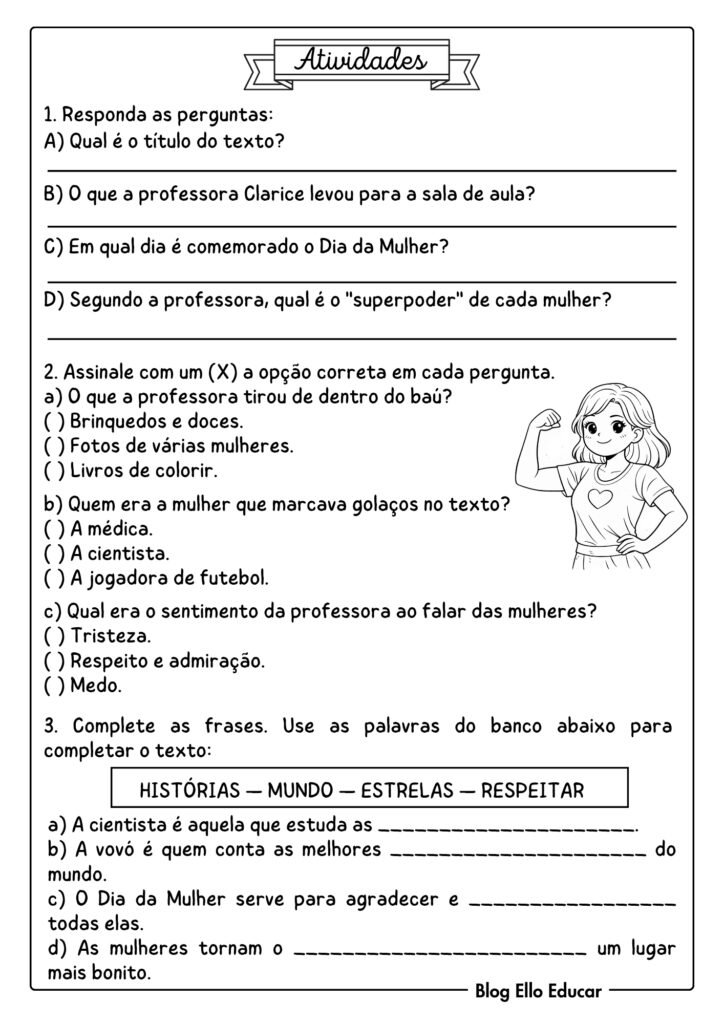 Atividades dia da mulher 3° ano.