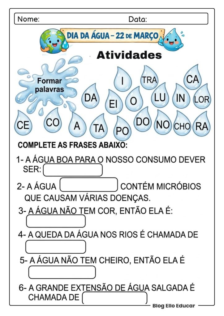 Atividades do Dia da água para imprimir