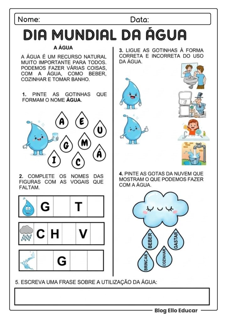 Atividades do Dia da água para imprimir