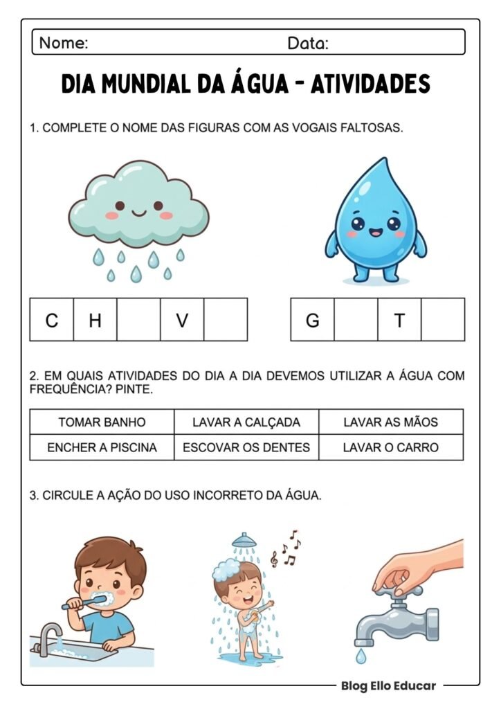 Atividades do Dia da água para imprimir