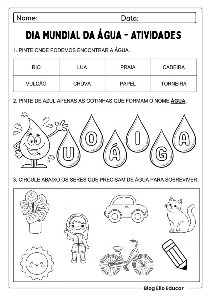 Atividades do Dia da água para imprimir