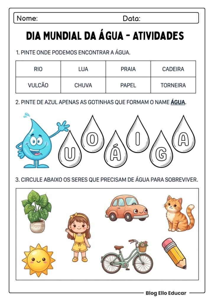 Atividades do Dia da água para imprimir