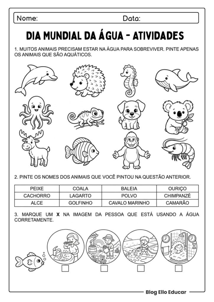 Atividades do Dia da água para imprimir