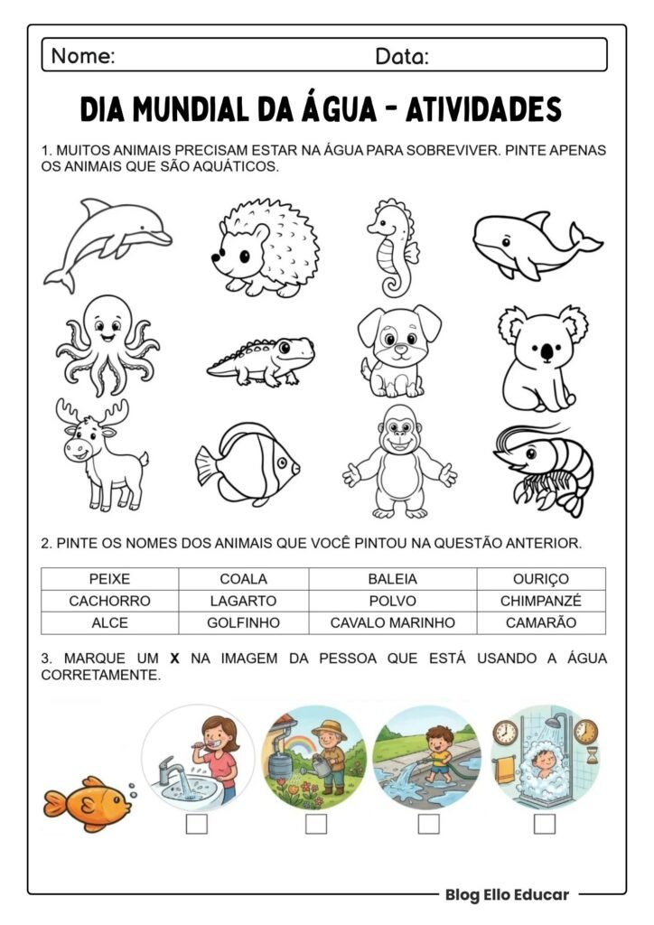 Atividades do Dia da água para imprimir