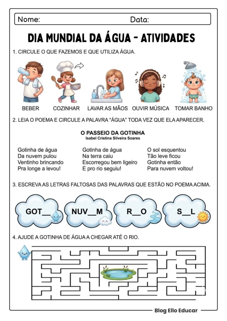 Atividades do Dia da água para imprimir