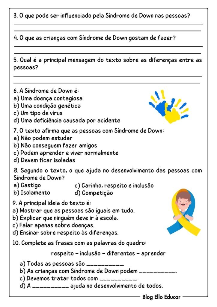 Atividades sobre o Dia Internacional da Síndrome de Down.