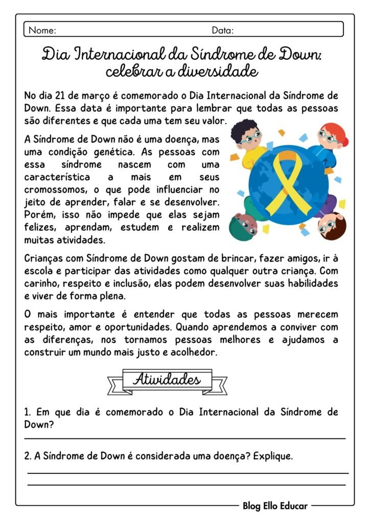 Atividades sobre o Dia Internacional da Síndrome de Down.