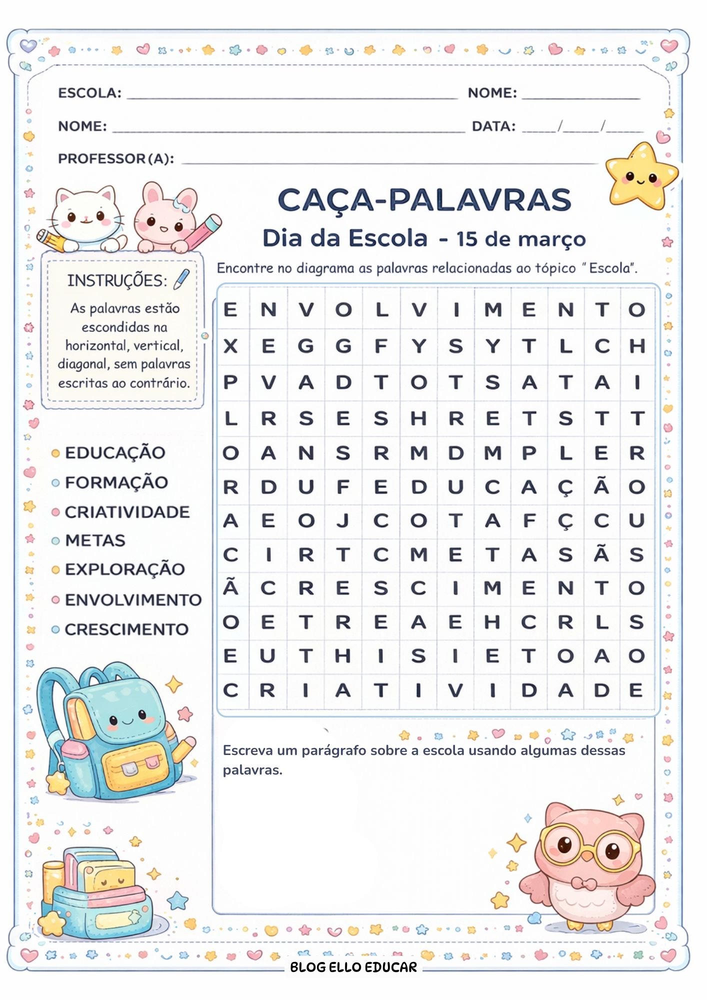 Caça-Palavras sobre o Dia da Escola: 3 modelos gratuitos