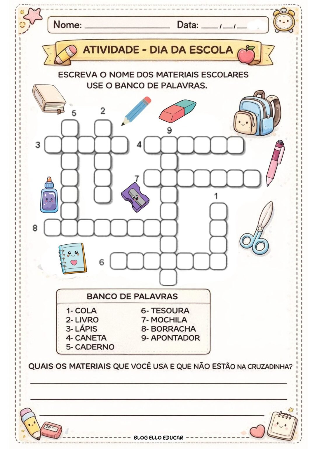 Cruzadinha sobre Dia da Escola: Atividade Gratuita