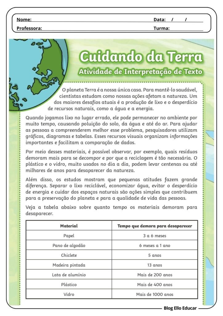 Atividades sobre o dia do Terra para 4° e 5° ano