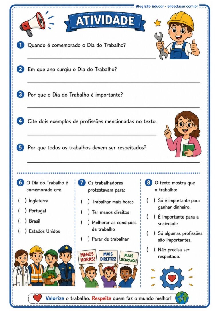 Atividades do Dia do Trabalho para 4° e 5° ano com PDF e Plano de Aula