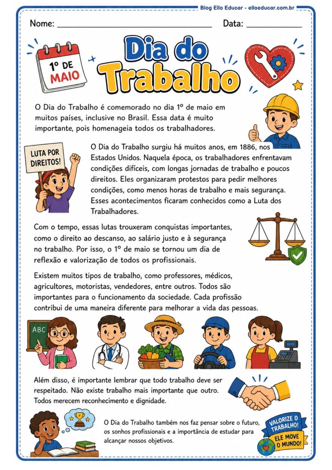 Atividades do Dia do Trabalho para 4° e 5° ano com PDF e Plano de Aula