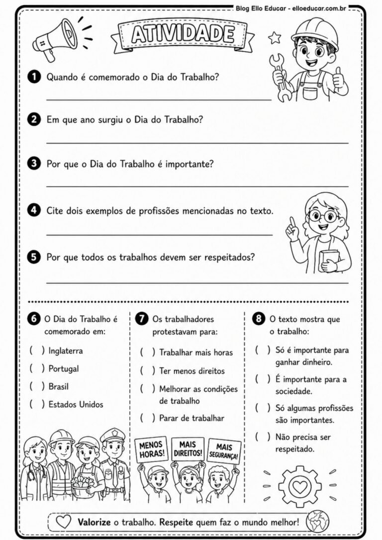 Atividades do Dia do Trabalho para 4° e 5° ano com PDF e Plano de Aula