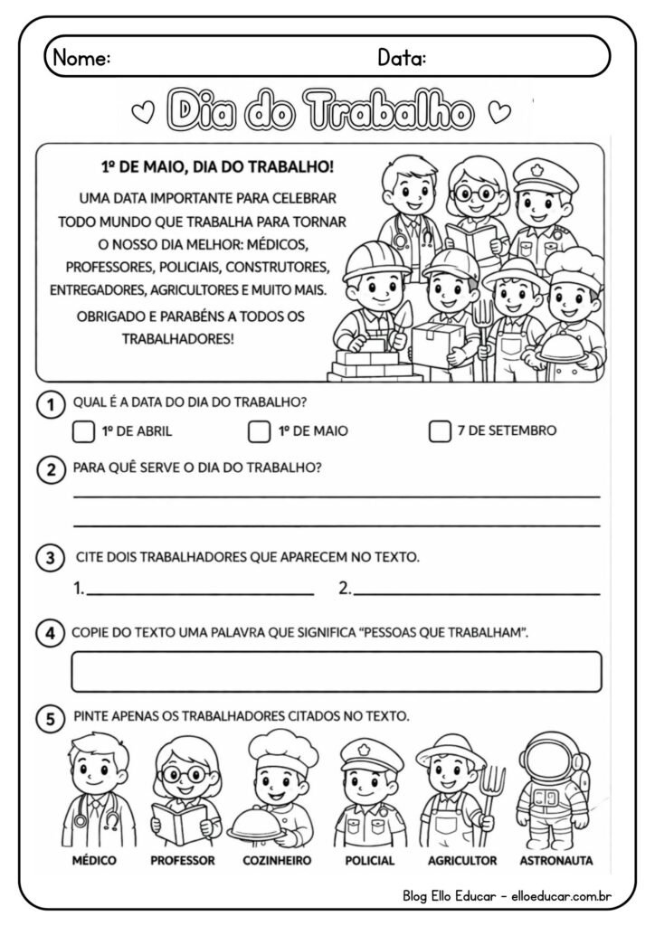 Atividades sobre Dia do Trabalho 1° ano