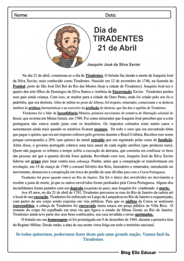 Atividades sobre Tiradentes 5° e 6° ano