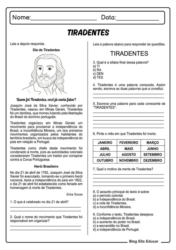Atividades sobre Tiradentes para 1° ano