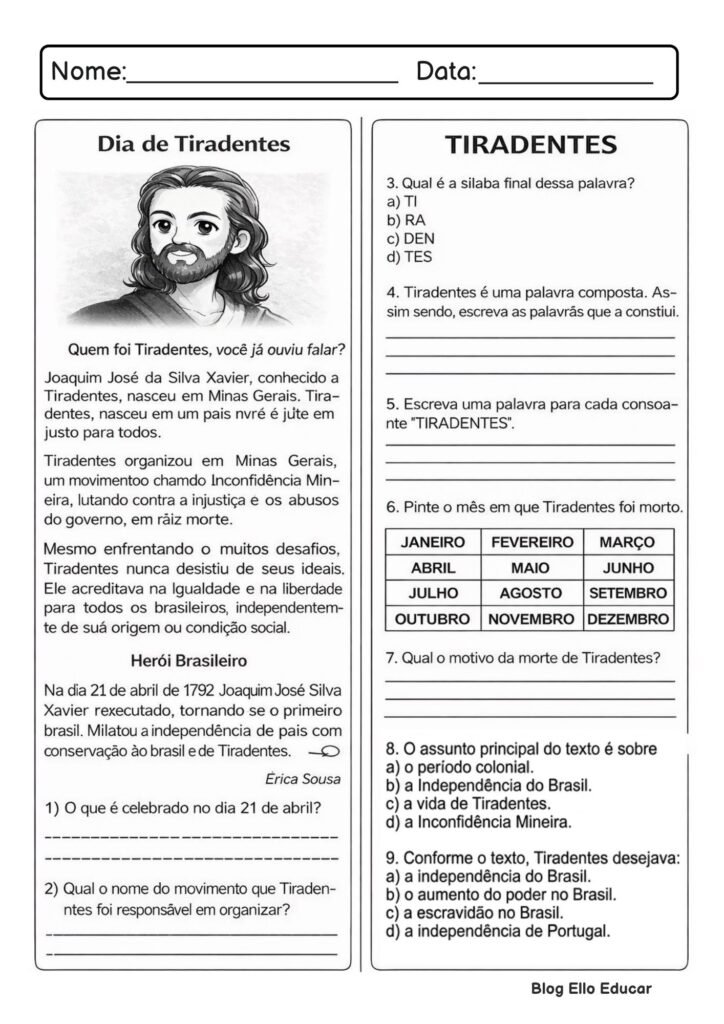 Atividades sobre Tiradentes para 1° ano
