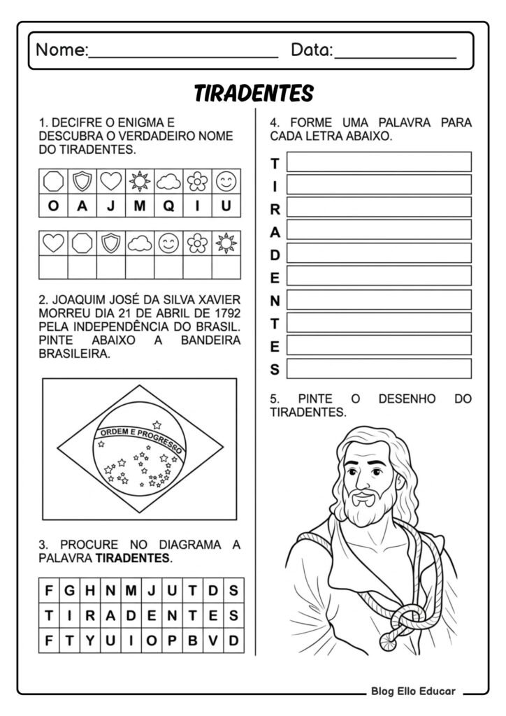 Atividades sobre Tiradentes para 1° ano