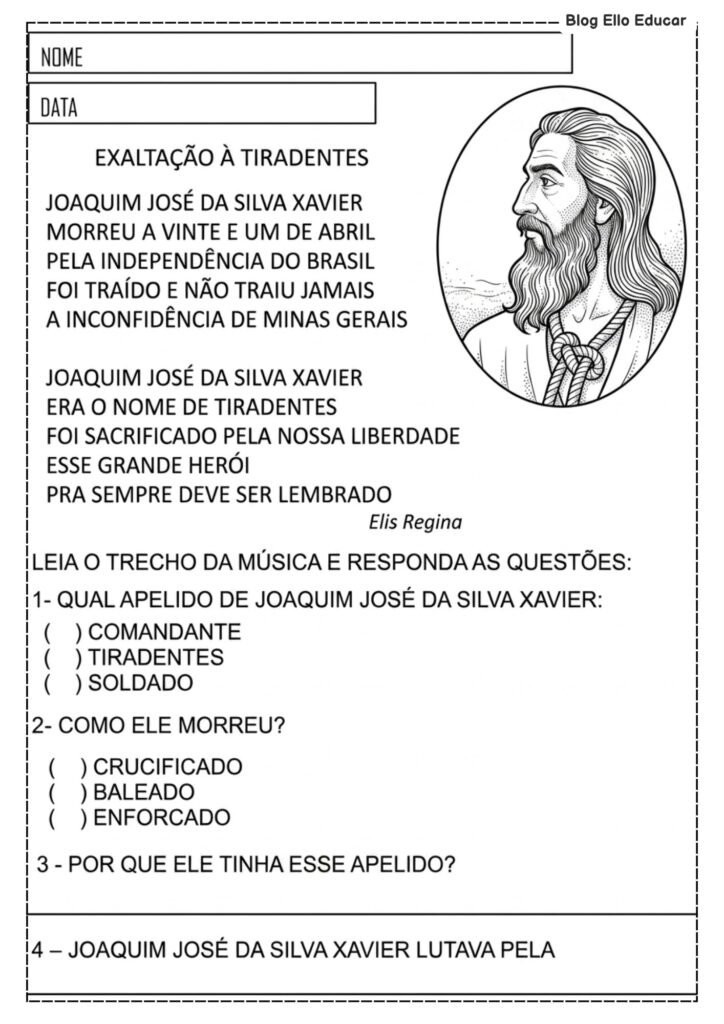 Atividades sobre Tiradentes para 1° ano