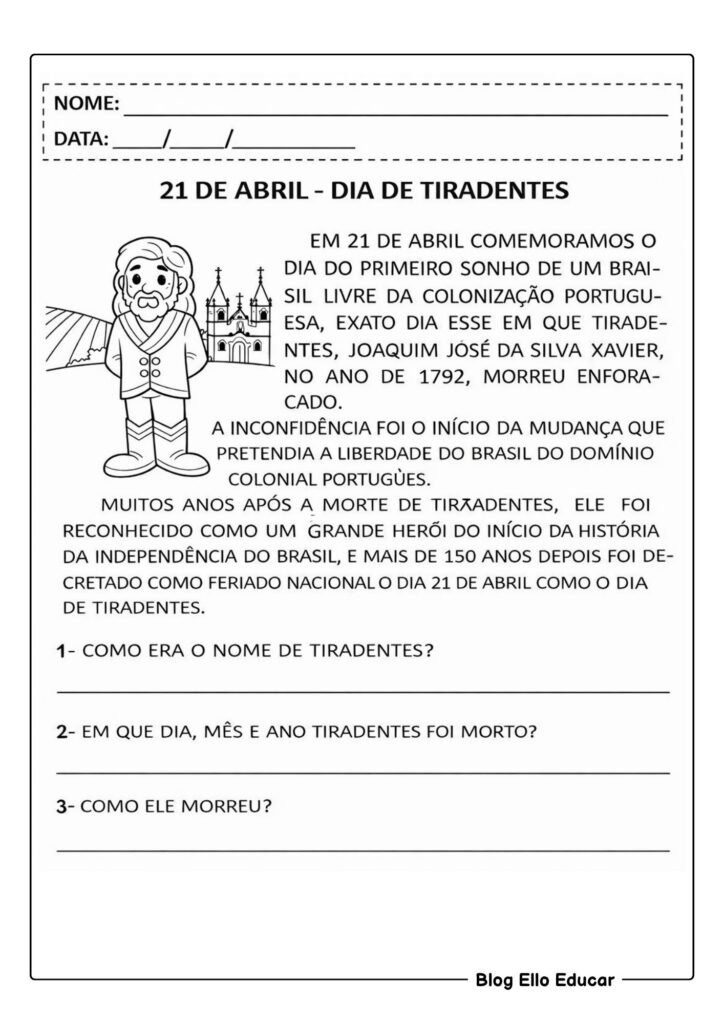 Atividades sobre Tiradentes para 2° ano