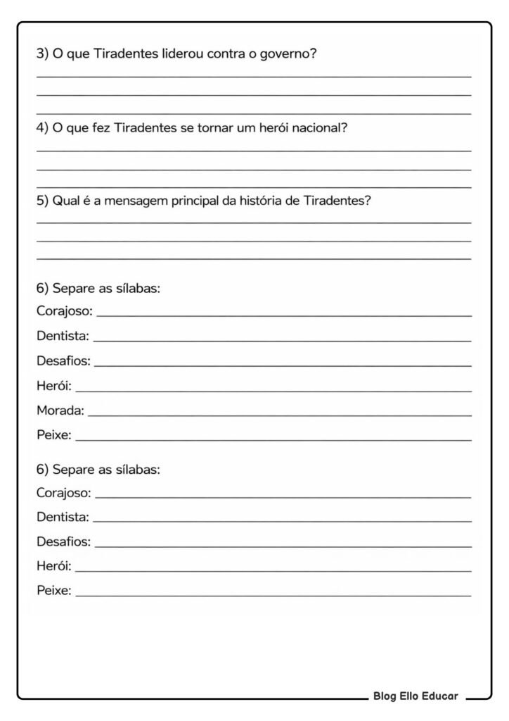Atividades sobre Tiradentes para 3° ano.