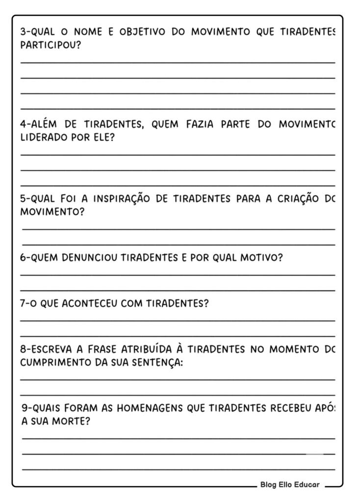 Atividades sobre Tiradentes para 4° ano