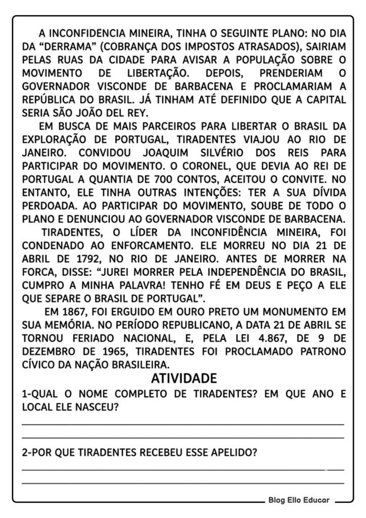 Atividades sobre Tiradentes para 4° ano