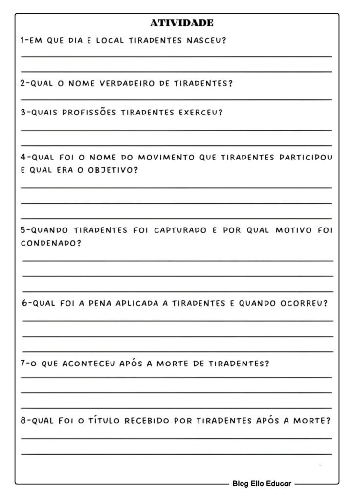 Atividades sobre Tiradentes para 5° ano