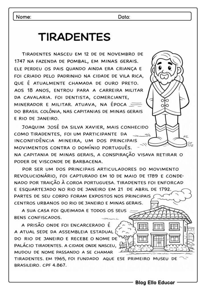 Atividades sobre Tiradentes para 5° ano