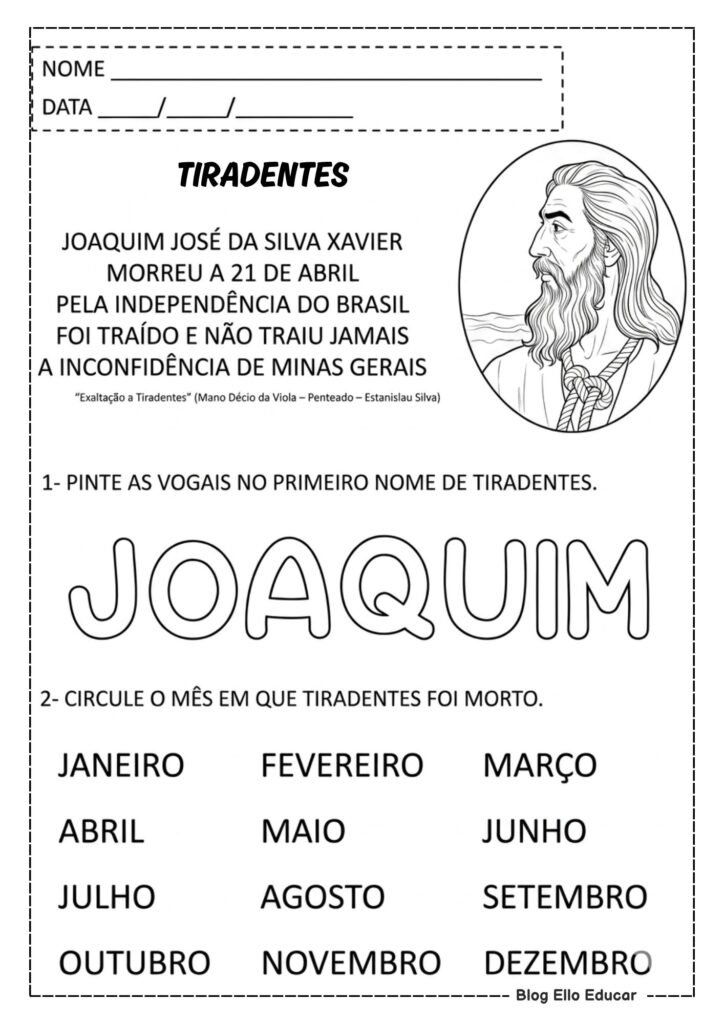 Atividades sobre Tiradentes para Alfabetização