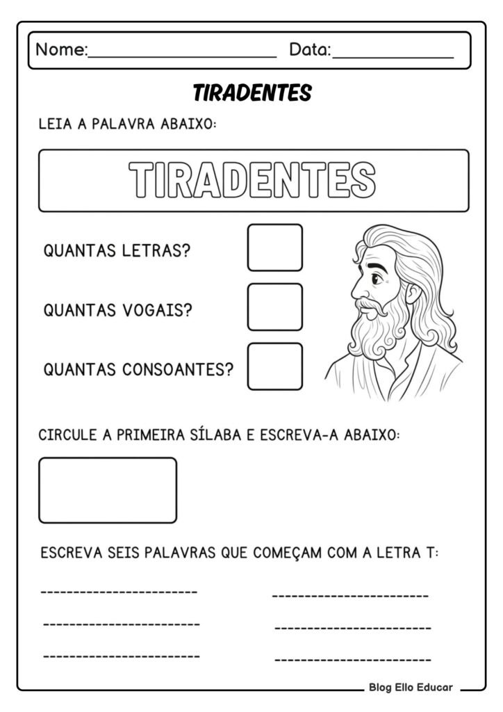 Atividades sobre Tiradentes para Alfabetização