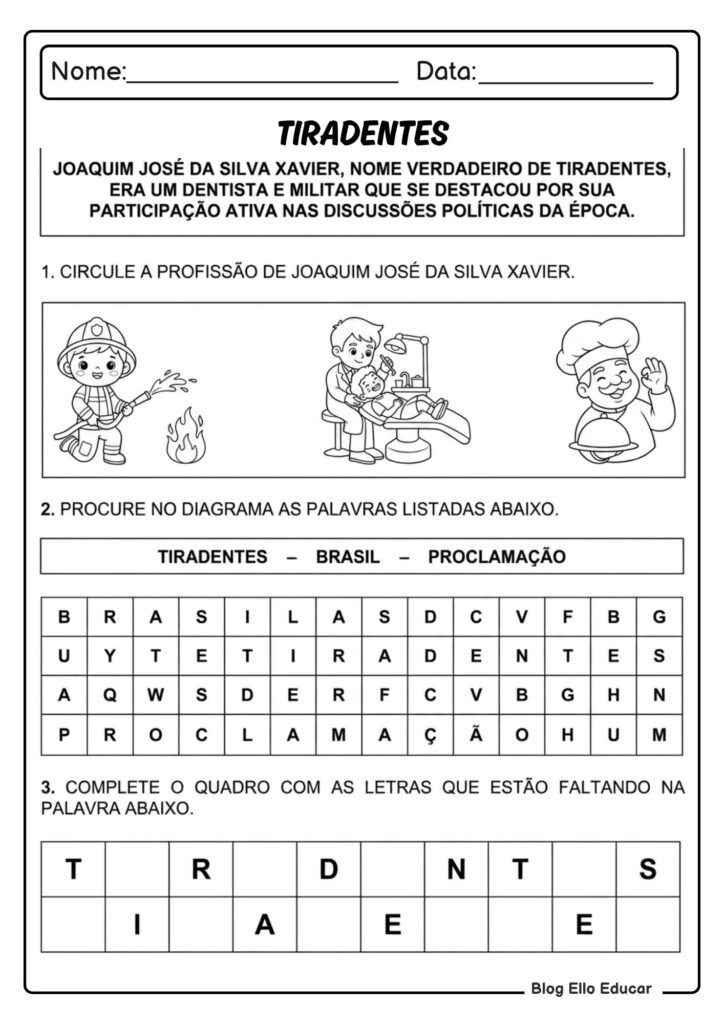 Atividades sobre Tiradentes para Alfabetização