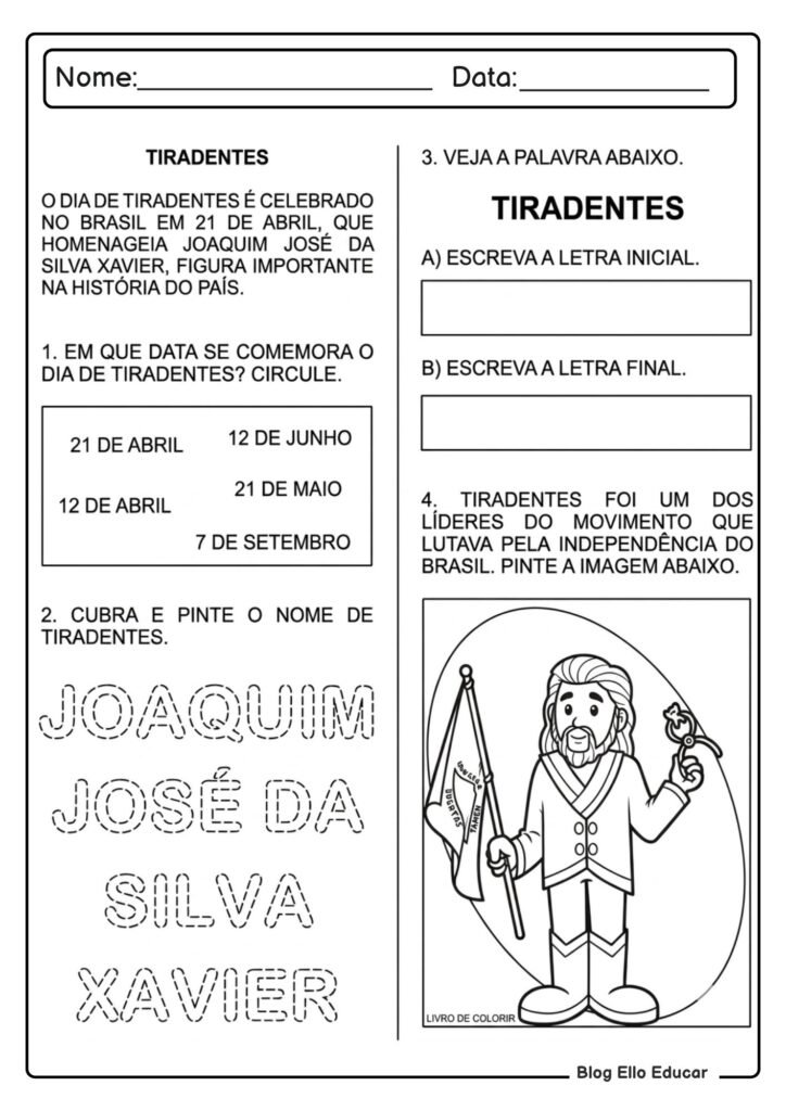 Atividades sobre Tiradentes para Alfabetização