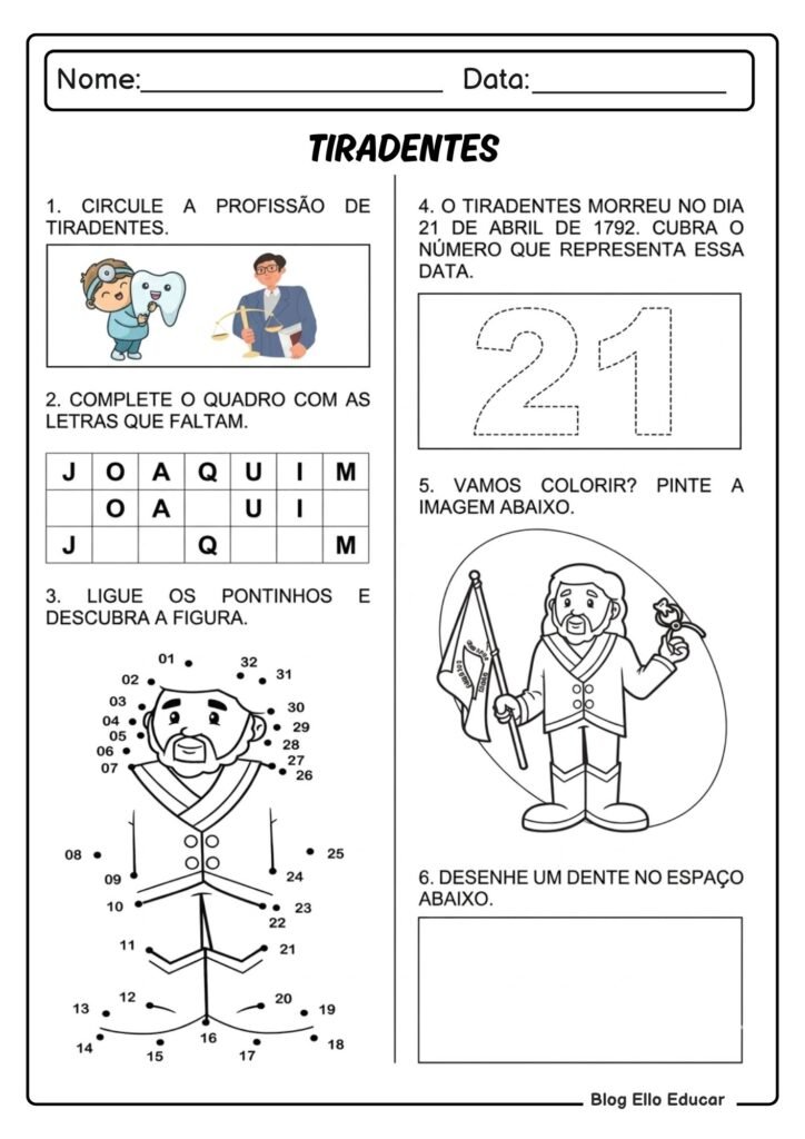 Atividades sobre Tiradentes para Alfabetização