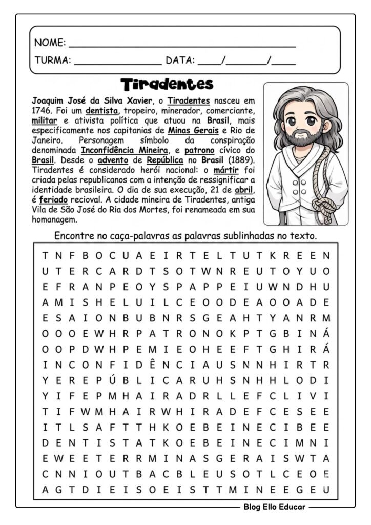 Atividades sobre Tiradentes para imprimir