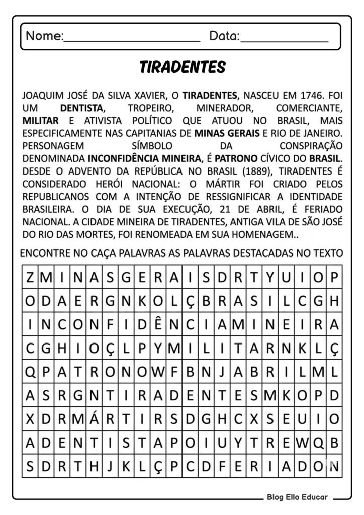 Atividades sobre Tiradentes para imprimir