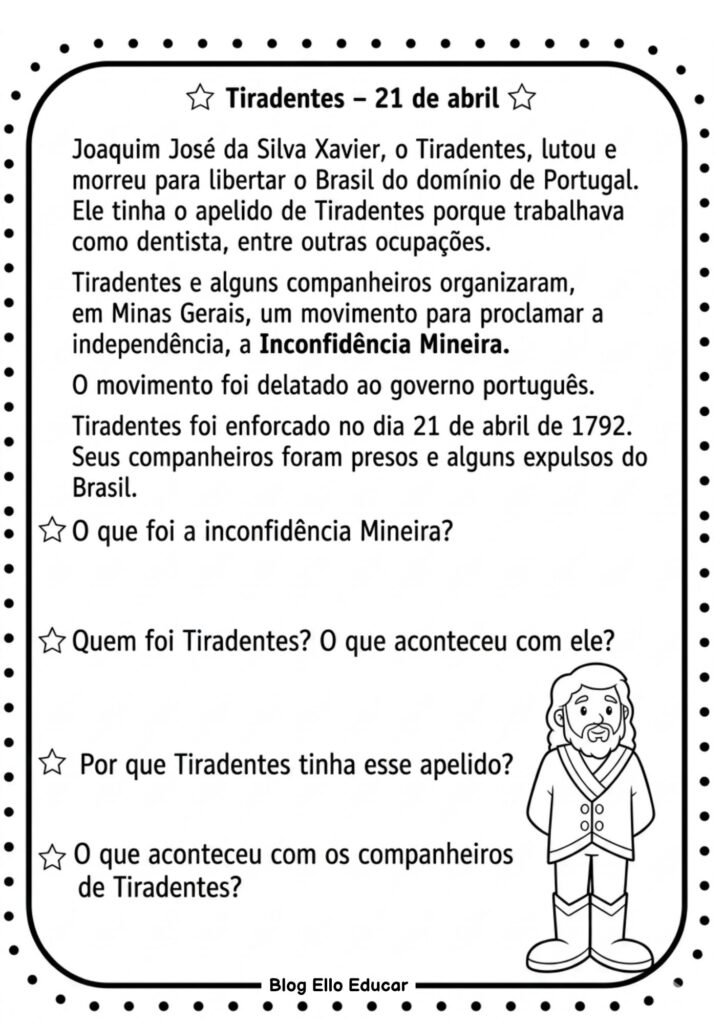 Atividades sobre Tiradentes para imprimir