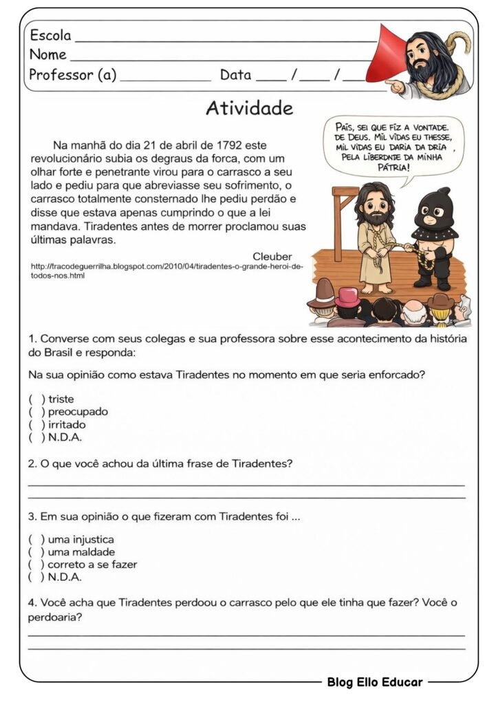Atividades sobre Tiradentes para imprimir