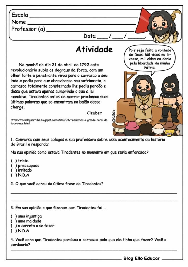 Atividades sobre Tiradentes para imprimir