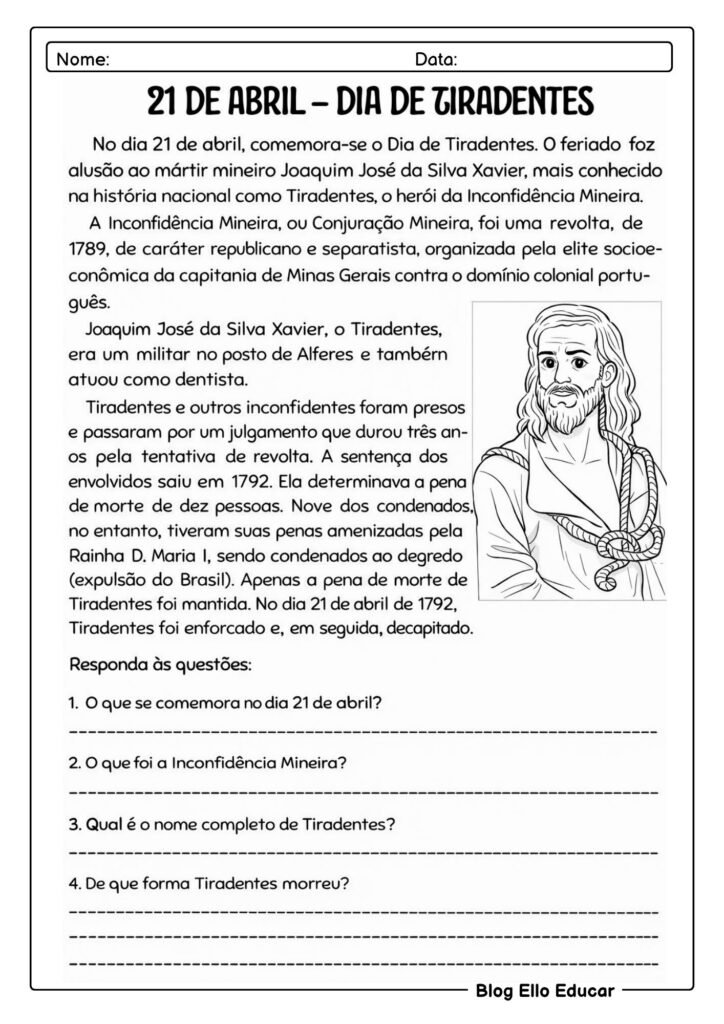 Atividades sobre Tiradentes para imprimir