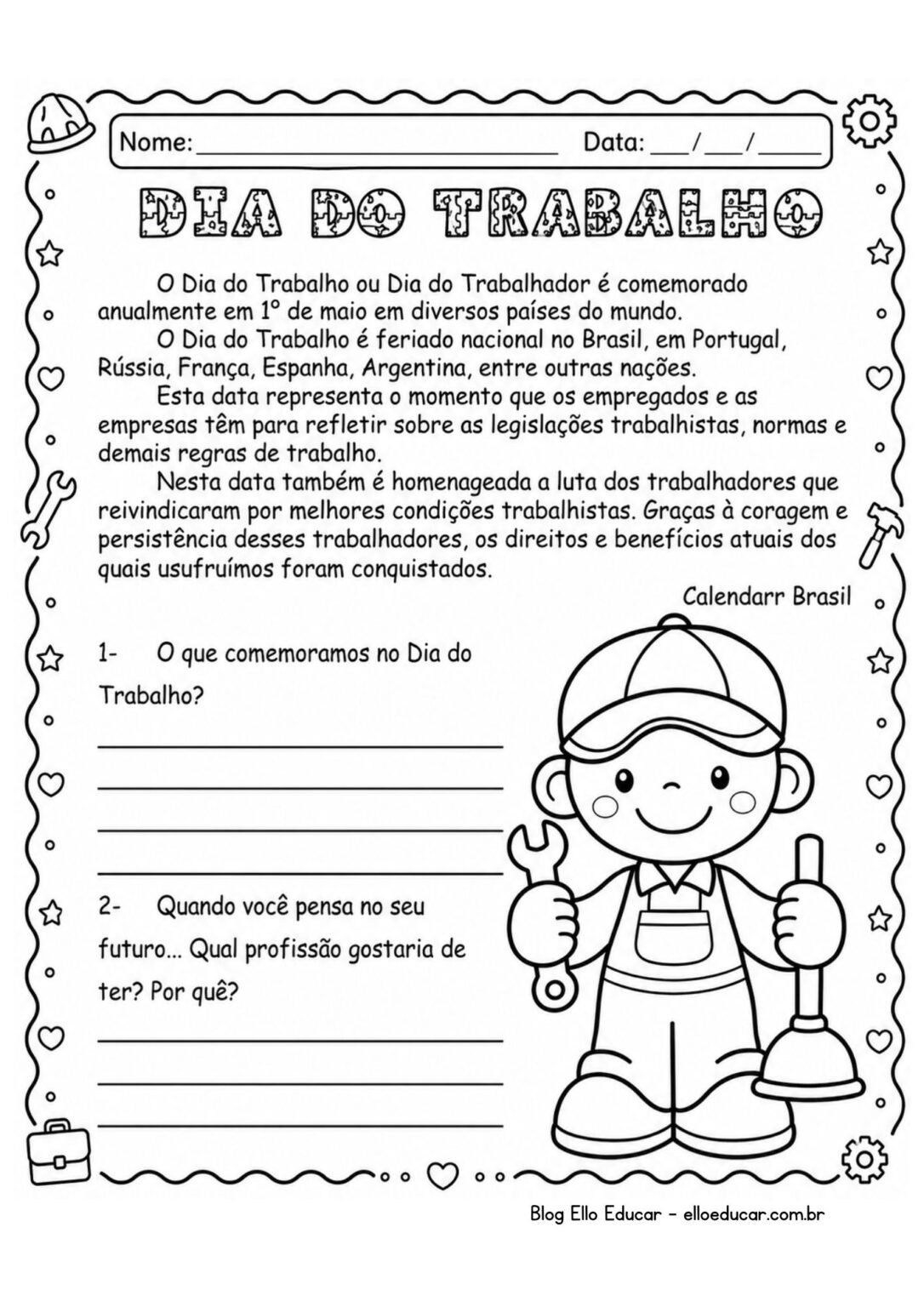 Atividades sobre o Dia do Trabalho 2° ano: Kit gratuito em PDF - Ello ...