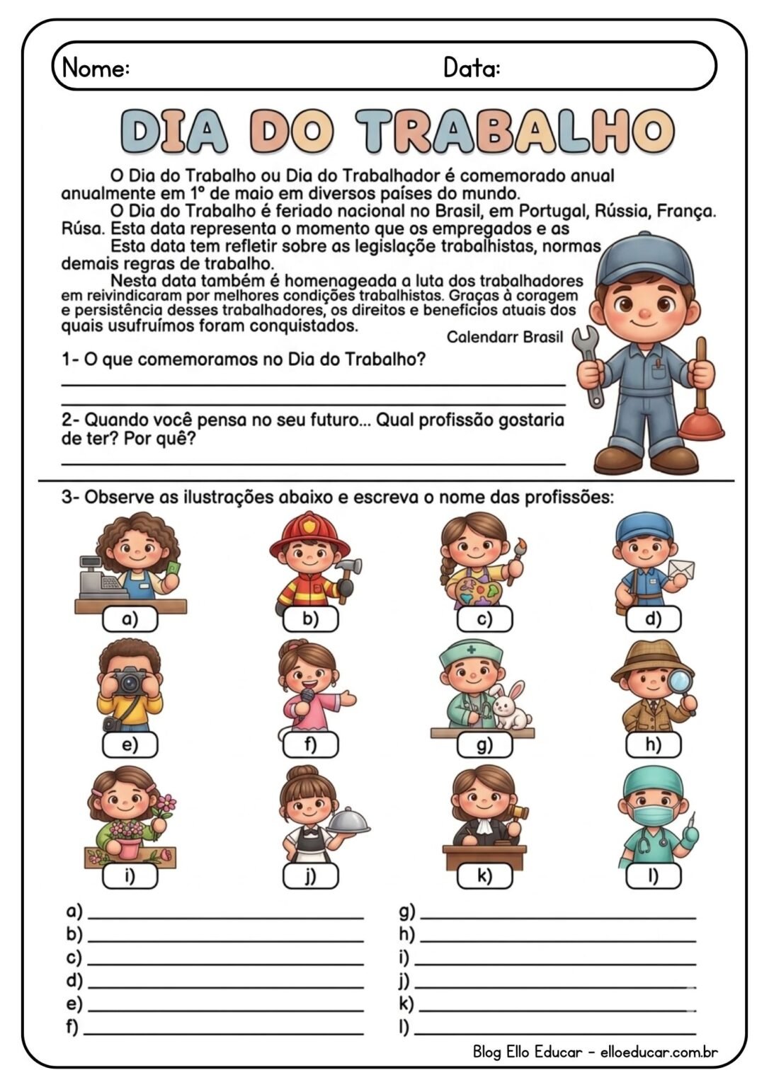 Atividades sobre o Dia do Trabalho 2° ano: Kit gratuito em PDF - Ello ...