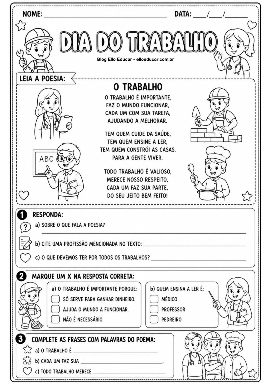Atividades sobre o Dia do Trabalho 2° ano: Kit gratuito em PDF - Ello ...