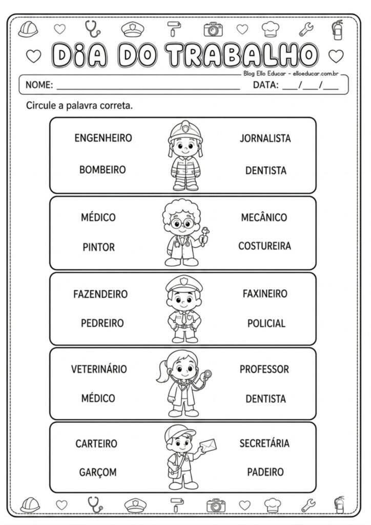 Atividades sobre o dia do trabalho para imprimir
