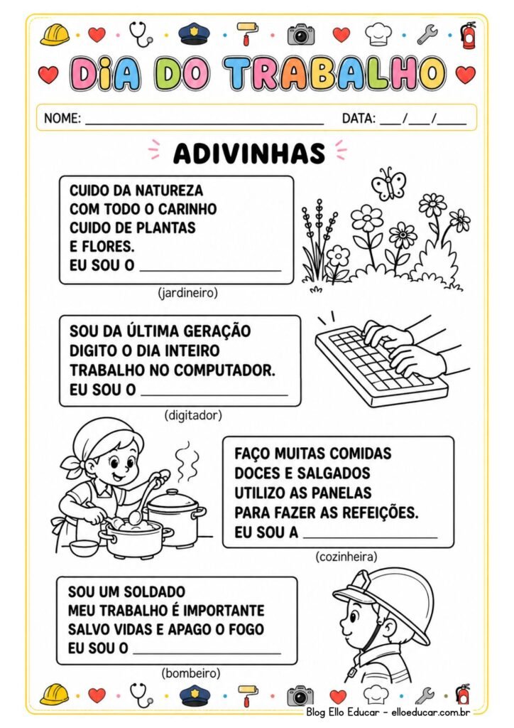 Atividades sobre o dia do trabalho para imprimir