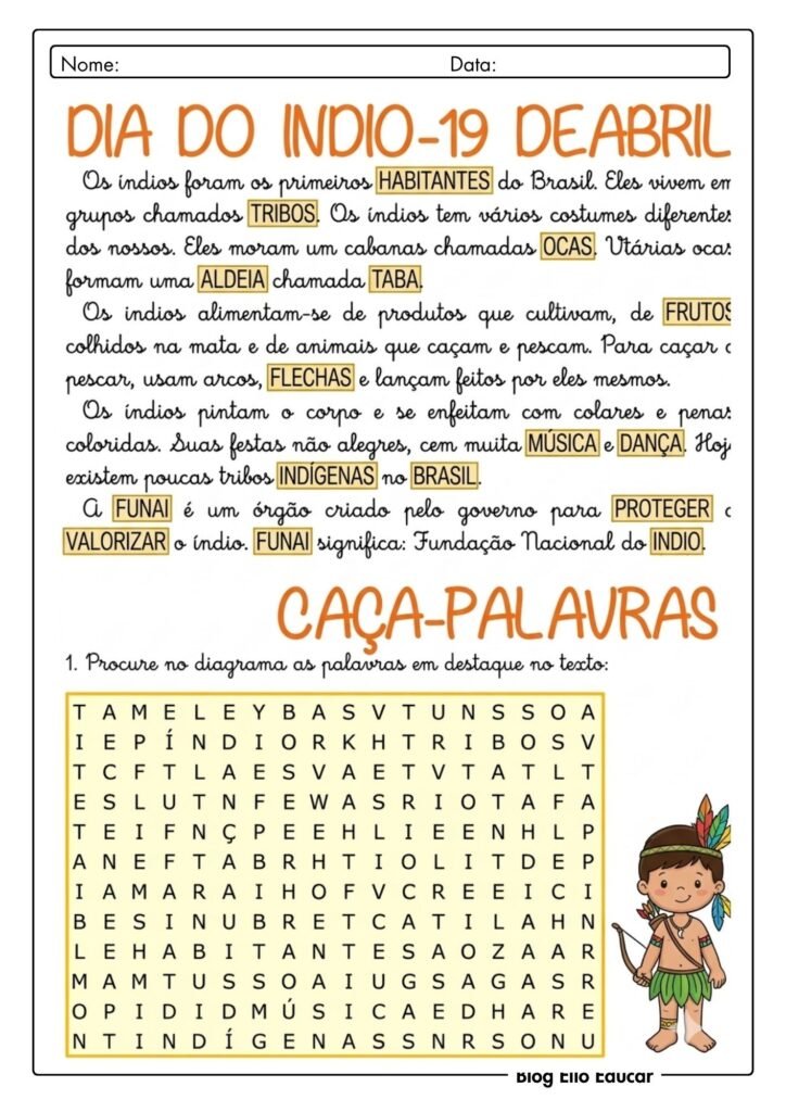Atividades sobre o Dia dos Povos Indígenas 4° e 5° ano