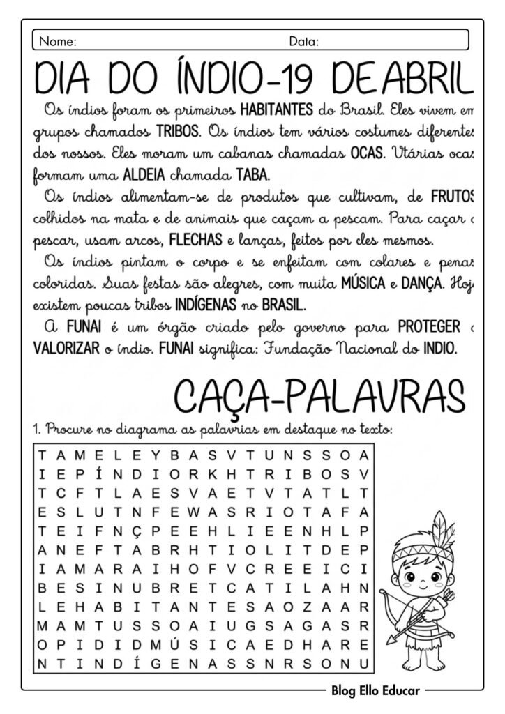 Atividades sobre o Dia dos Povos Indígenas 4° e 5° ano