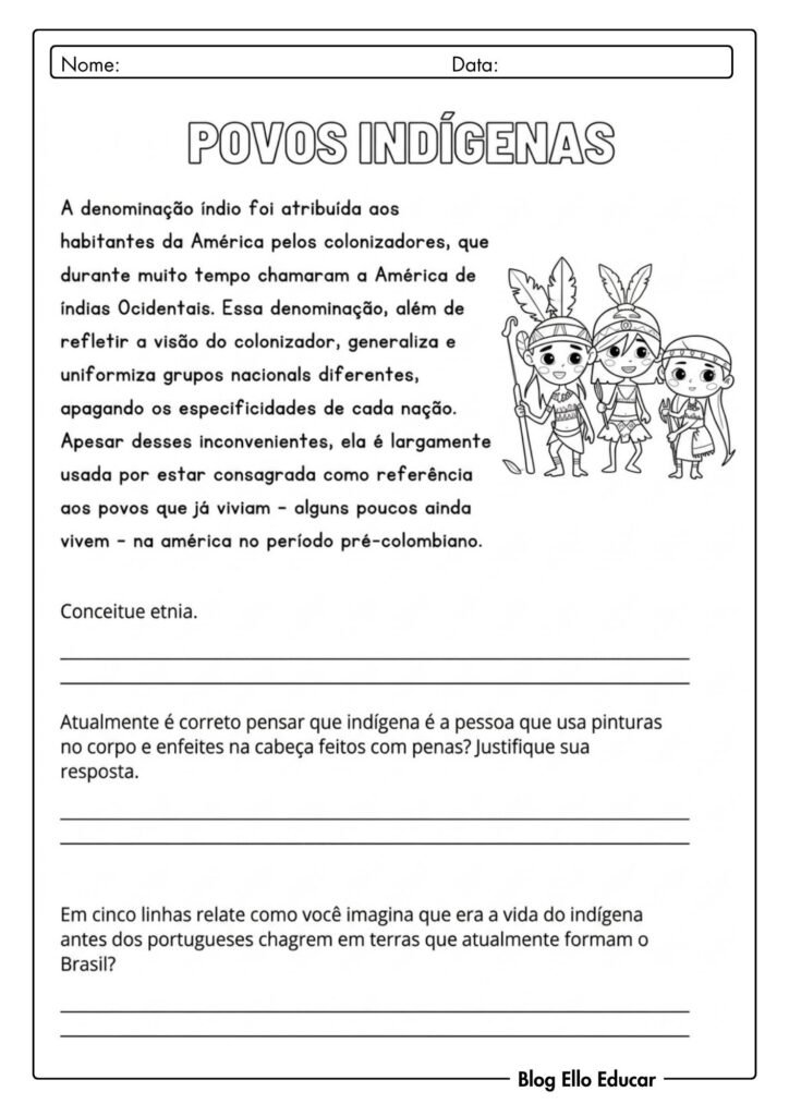 Atividades sobre povos Indígenas 3° ano