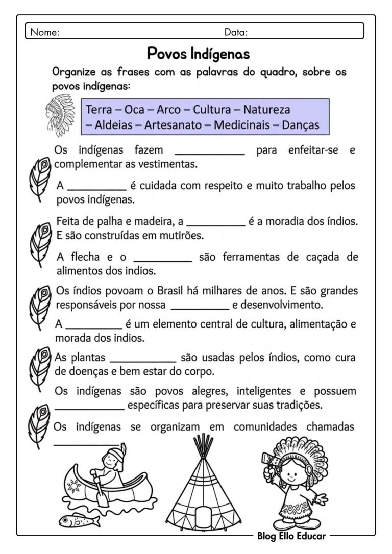 Atividades sobre povos Indígenas 3° ano: material gratuito para imprimir