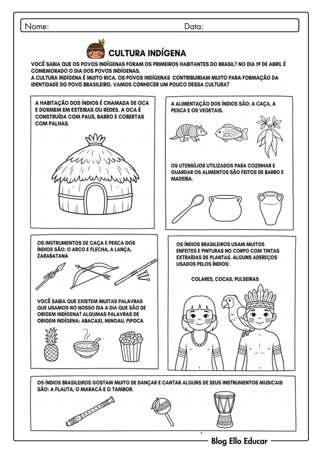 Atividades sobre povos Indígenas 3° ano: material gratuito para imprimir